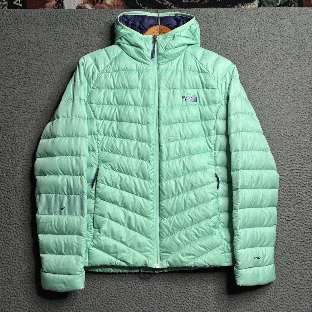 Womens The NORTH FACE Green 700 Goose Down Hooded Puffer Jacket Small Full Zip